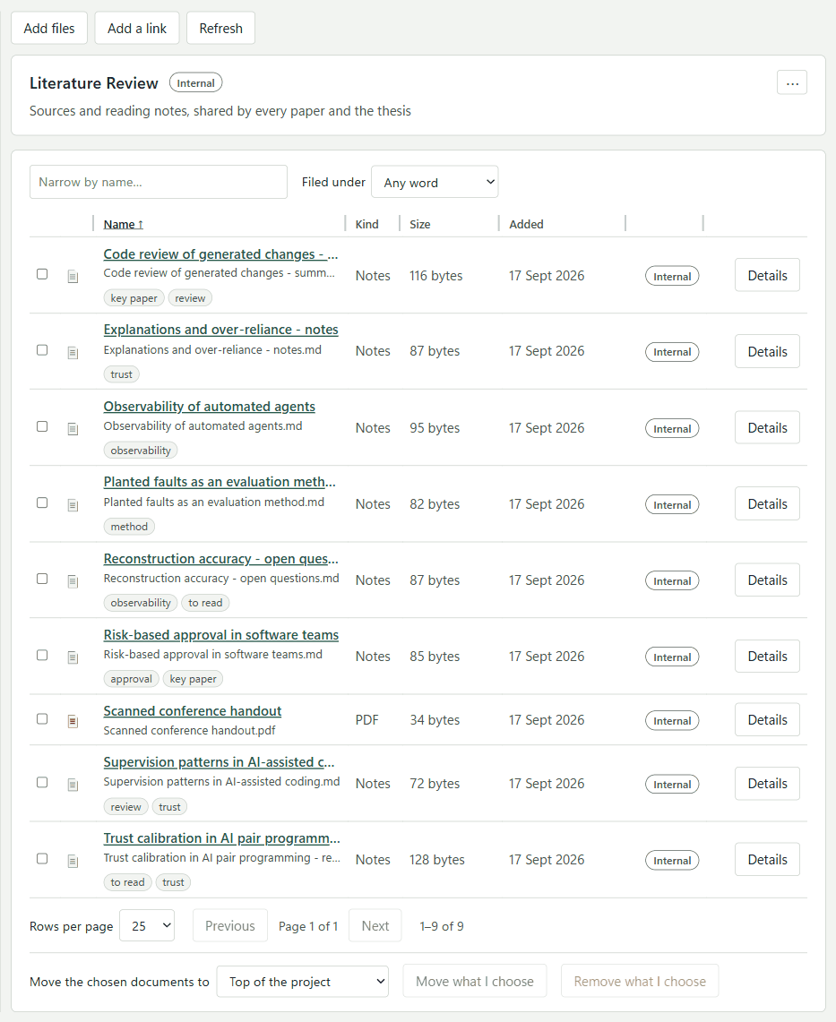 A project's folder, with its documents