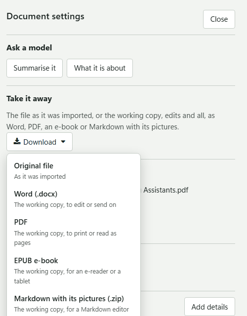The download menu in Document settings